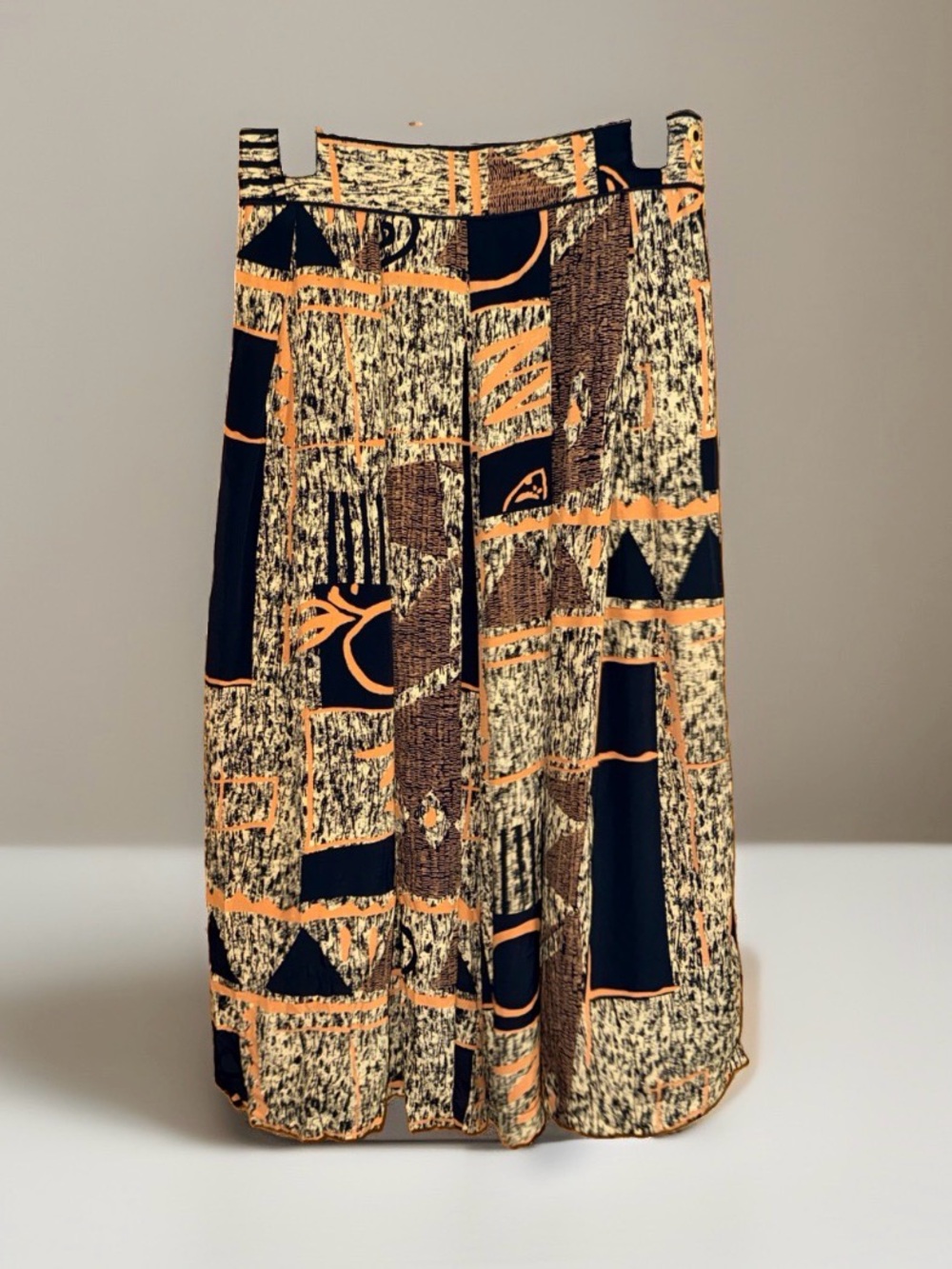 Vtg A.K.F. Abstract Print Midi Gaucho Pants in Black, Gold, & Orange-M-EC